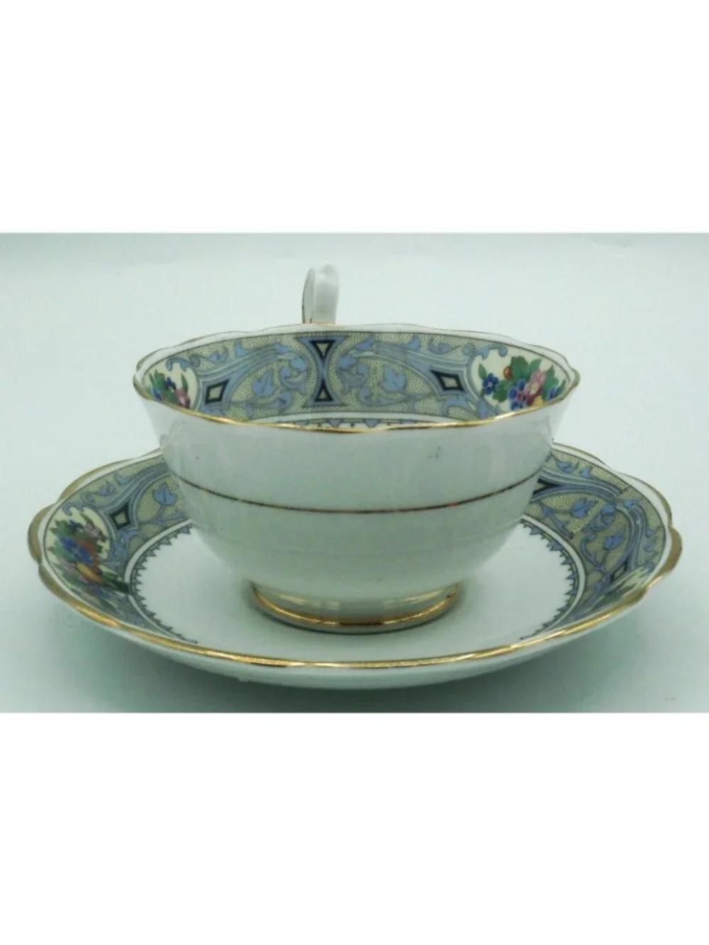 Royal Albert Teacup Saucer Set Art Deco Crown China Fruit Flowers Cameo Border